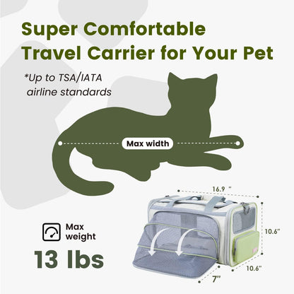 Cat Carrier Airline Approved Expandable Breathable Safety Leash | Up to 13 lbs, 16.9 x 10.6 x 10.6 in, QR pet ID tag, top entry, luggage sleeve, soft fleece pad, foldable storage