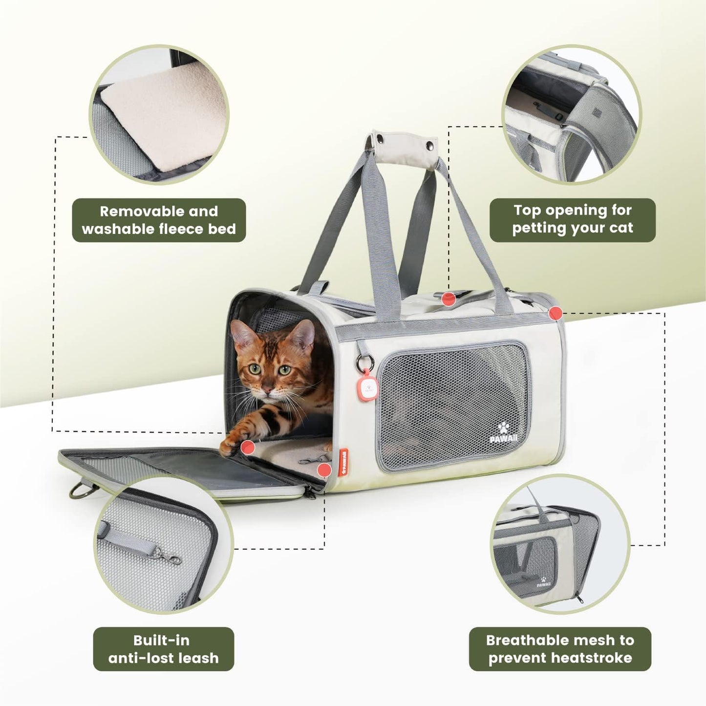 Cat Carrier Airline Approved Expandable Breathable Safety Leash | Up to 13 lbs, 16.9 x 10.6 x 10.6 in, QR pet ID tag, top entry, luggage sleeve, soft fleece pad, foldable storage