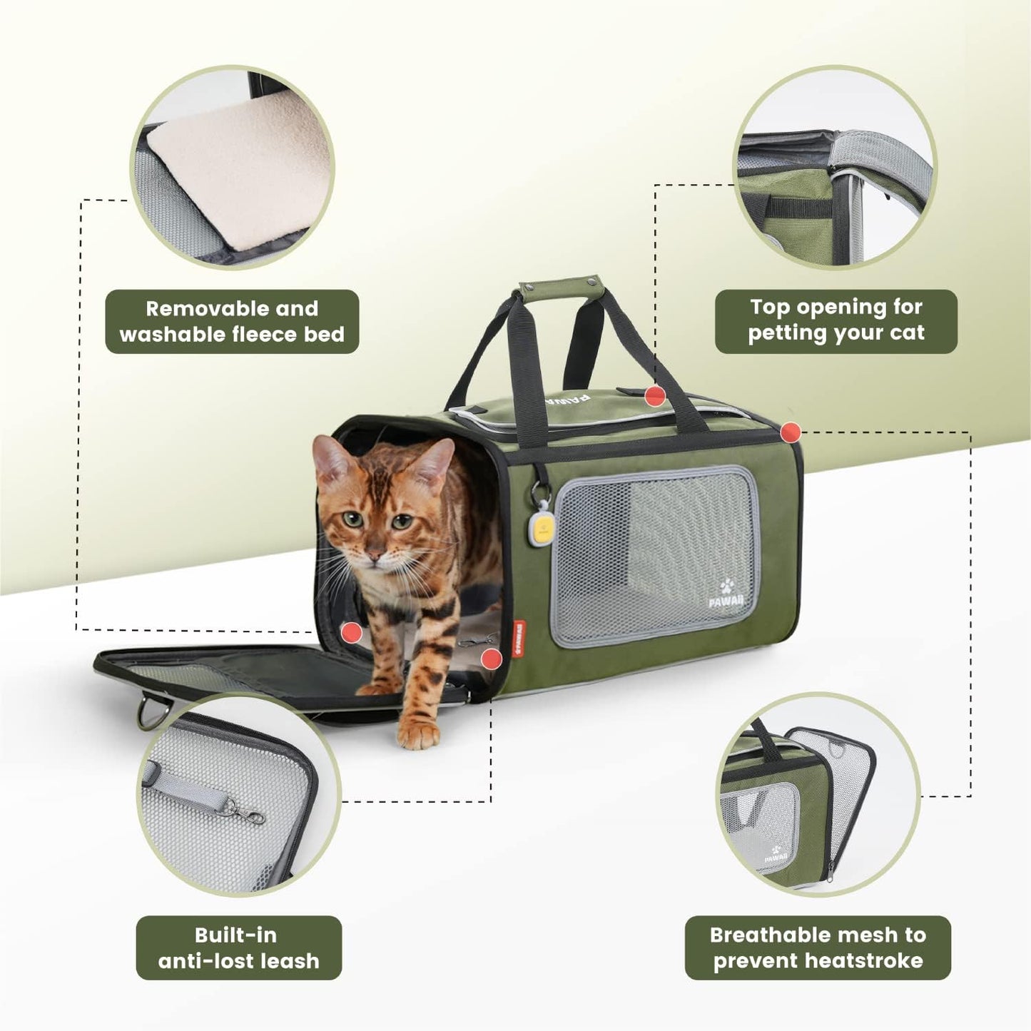 Cat Carrier Airline Approved Expandable Breathable Safety Leash | Up to 13 lbs, 16.9 x 10.6 x 10.6 in, QR pet ID tag, top entry, luggage sleeve, soft fleece pad, foldable storage