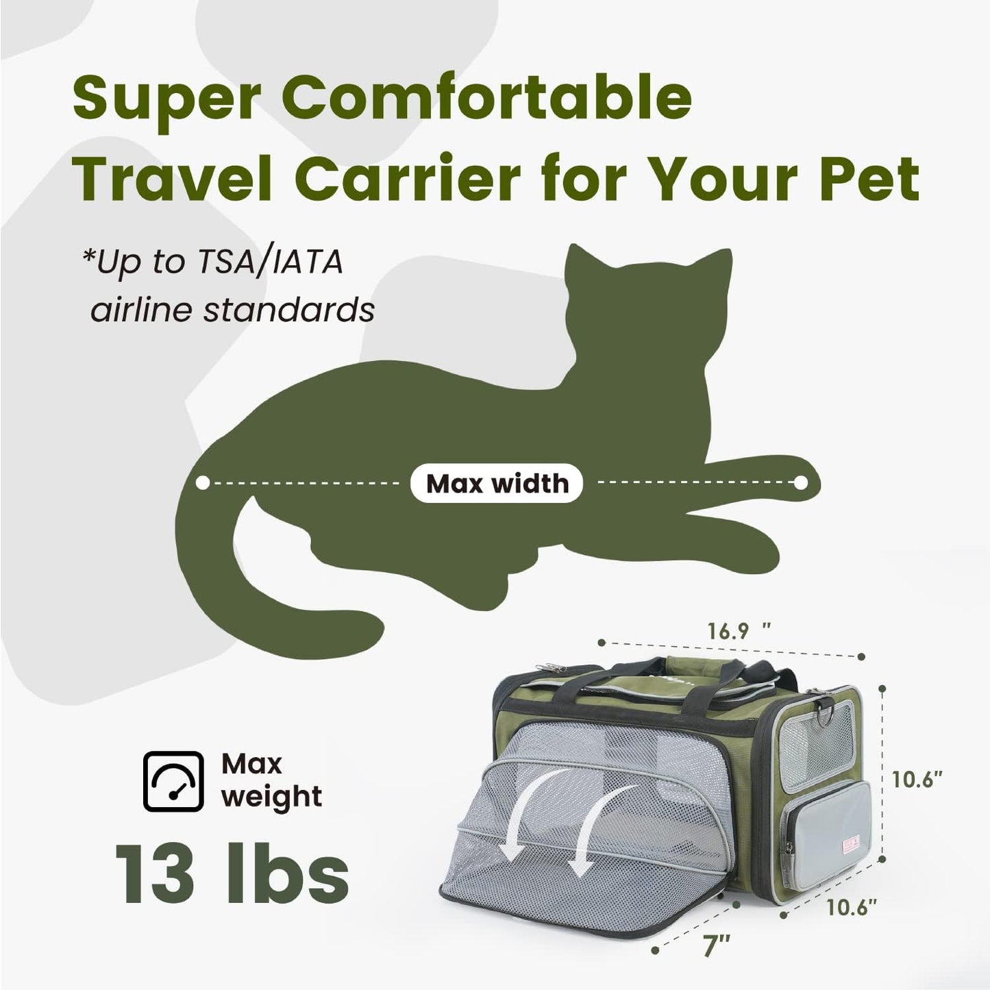 Cat Carrier Airline Approved Expandable Breathable Safety Leash | Up to 13 lbs, 16.9 x 10.6 x 10.6 in, QR pet ID tag, top entry, luggage sleeve, soft fleece pad, foldable storage