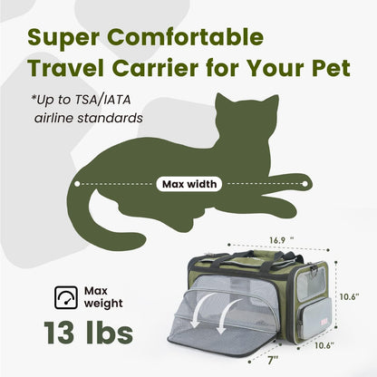 Cat Carrier Airline Approved Expandable Breathable Safety Leash | Up to 13 lbs, 16.9 x 10.6 x 10.6 in, QR pet ID tag, top entry, luggage sleeve, soft fleece pad, foldable storage
