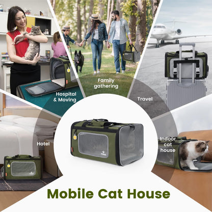 Cat Carrier Airline Approved Expandable Breathable Safety Leash | Up to 13 lbs, 16.9 x 10.6 x 10.6 in, QR pet ID tag, top entry, luggage sleeve, soft fleece pad, foldable storage