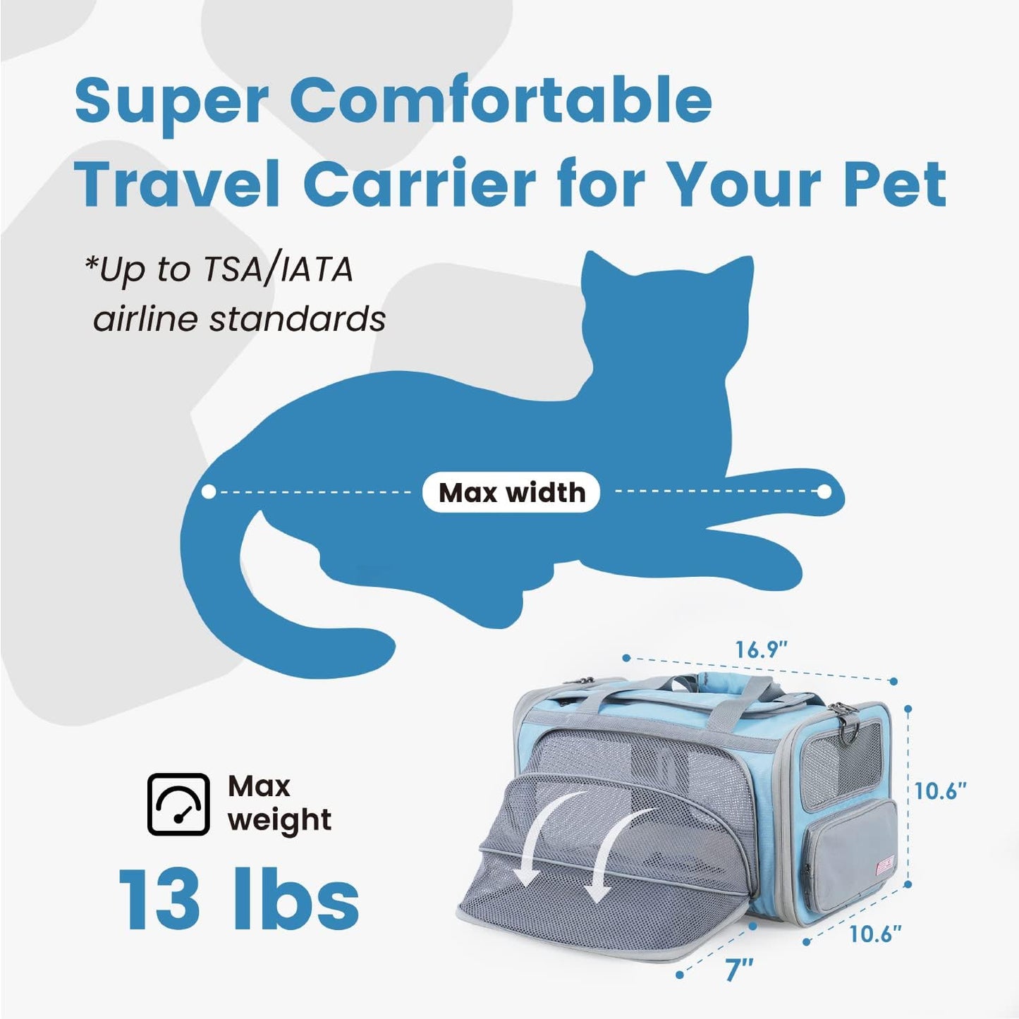 Cat Carrier Airline Approved Expandable Breathable Safety Leash | Up to 13 lbs, 16.9 x 10.6 x 10.6 in, QR pet ID tag, top entry, luggage sleeve, soft fleece pad, foldable storage