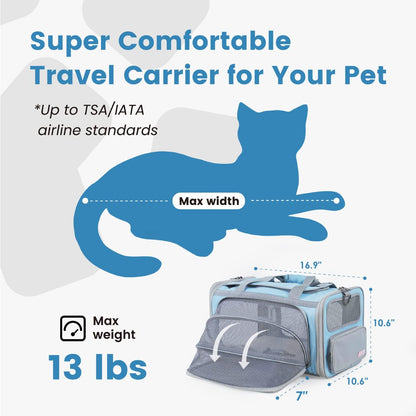 Cat Carrier Airline Approved Expandable Breathable Safety Leash | Up to 13 lbs, 16.9 x 10.6 x 10.6 in, QR pet ID tag, top entry, luggage sleeve, soft fleece pad, foldable storage