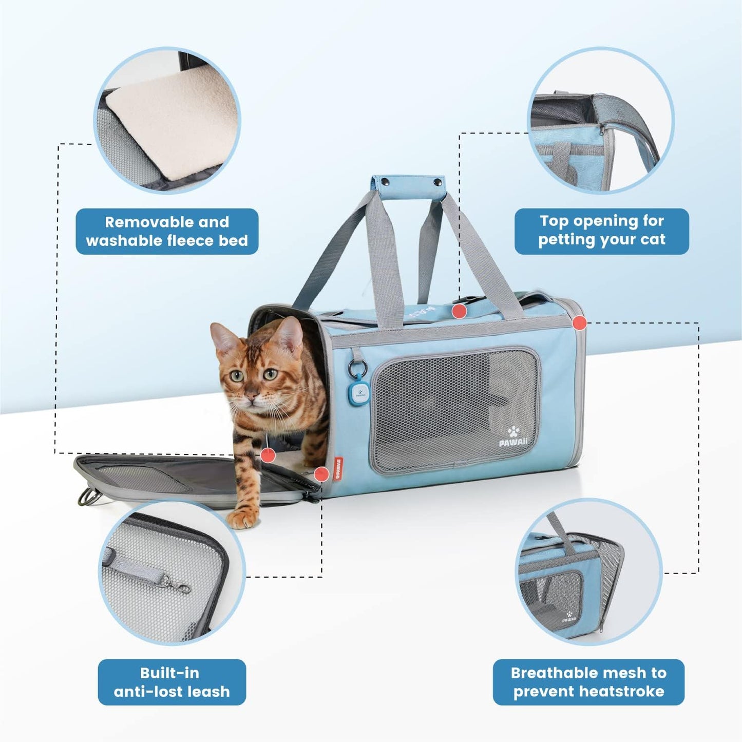 Cat Carrier Airline Approved Expandable Breathable Safety Leash | Up to 13 lbs, 16.9 x 10.6 x 10.6 in, QR pet ID tag, top entry, luggage sleeve, soft fleece pad, foldable storage