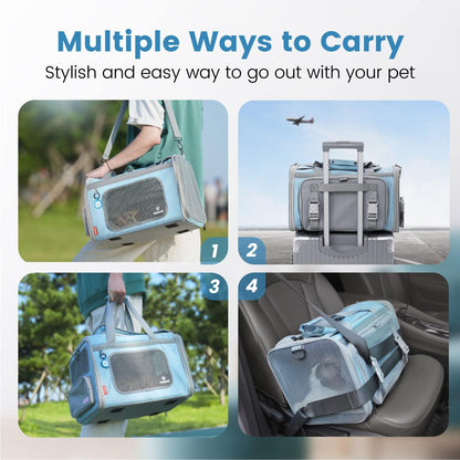 Cat Carrier Airline Approved Expandable Breathable Safety Leash | Up to 13 lbs, 16.9 x 10.6 x 10.6 in, QR pet ID tag, top entry, luggage sleeve, soft fleece pad, foldable storage