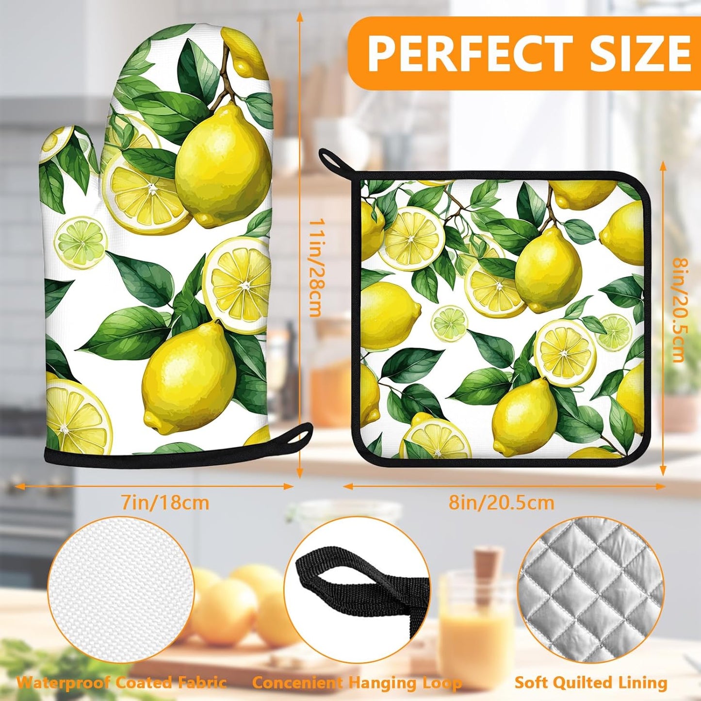 Lemon Fruits Oven Mitts and Pot Holders Sets 4Pcs,Heat Resistant to 400 F for Kitchen Cooking Baking BBQ 100% Cotton