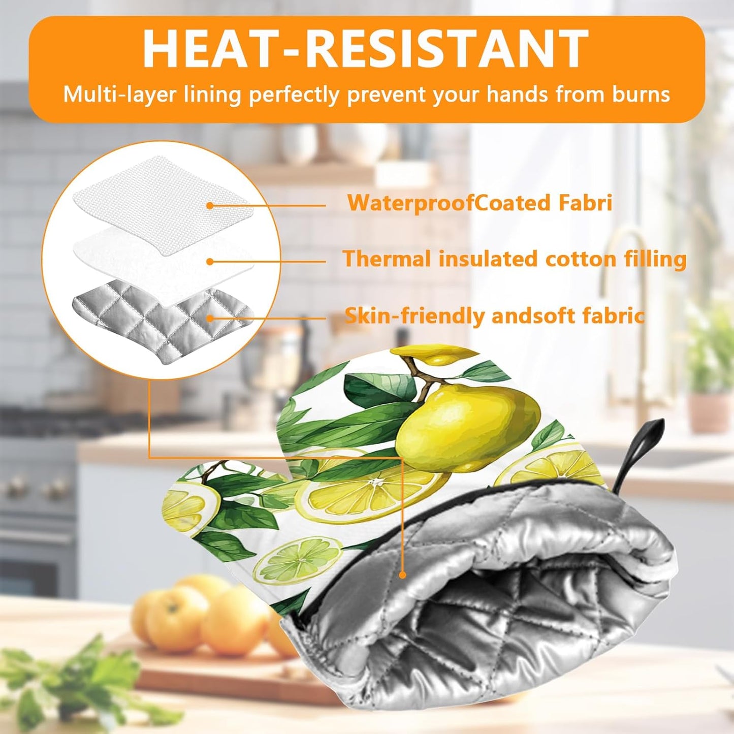 Lemon Fruits Oven Mitts and Pot Holders Sets 4Pcs,Heat Resistant to 400 F for Kitchen Cooking Baking BBQ 100% Cotton