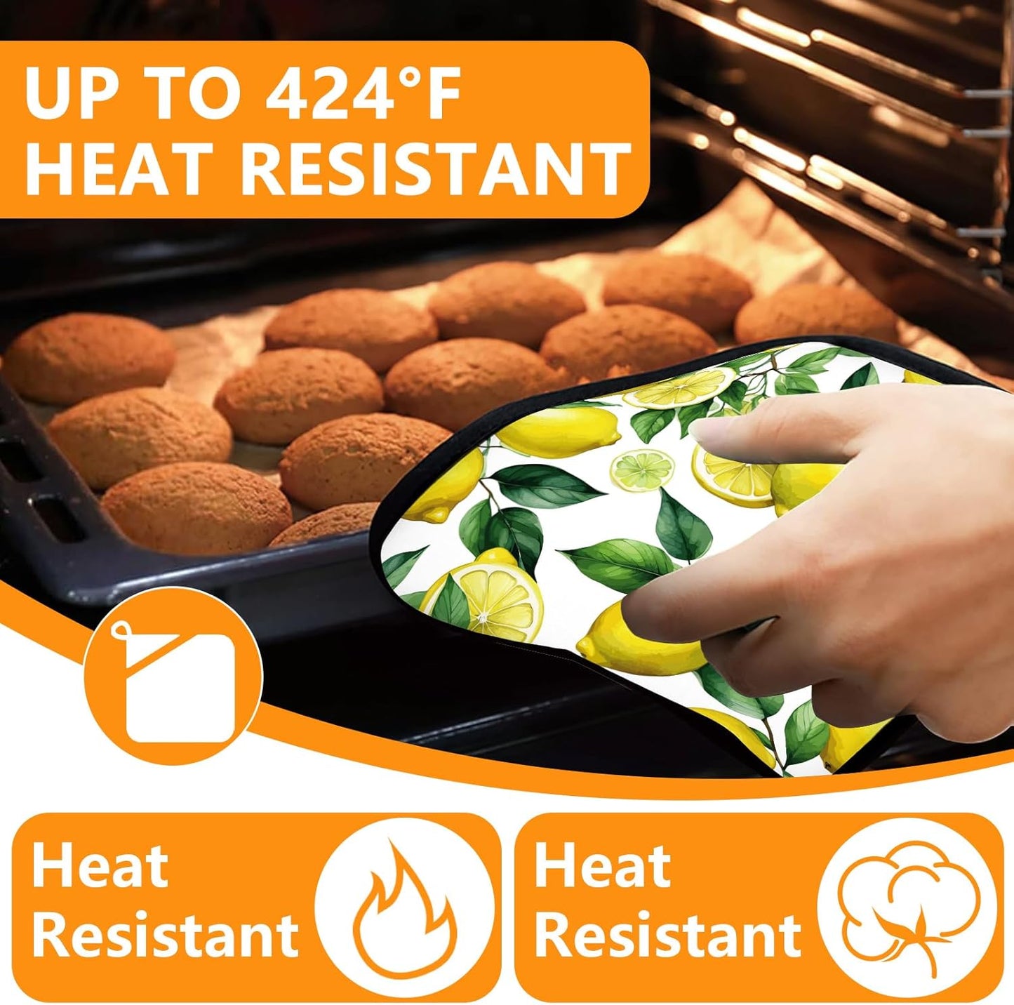 Lemon Fruits Oven Mitts and Pot Holders Sets 4Pcs,Heat Resistant to 400 F for Kitchen Cooking Baking BBQ 100% Cotton
