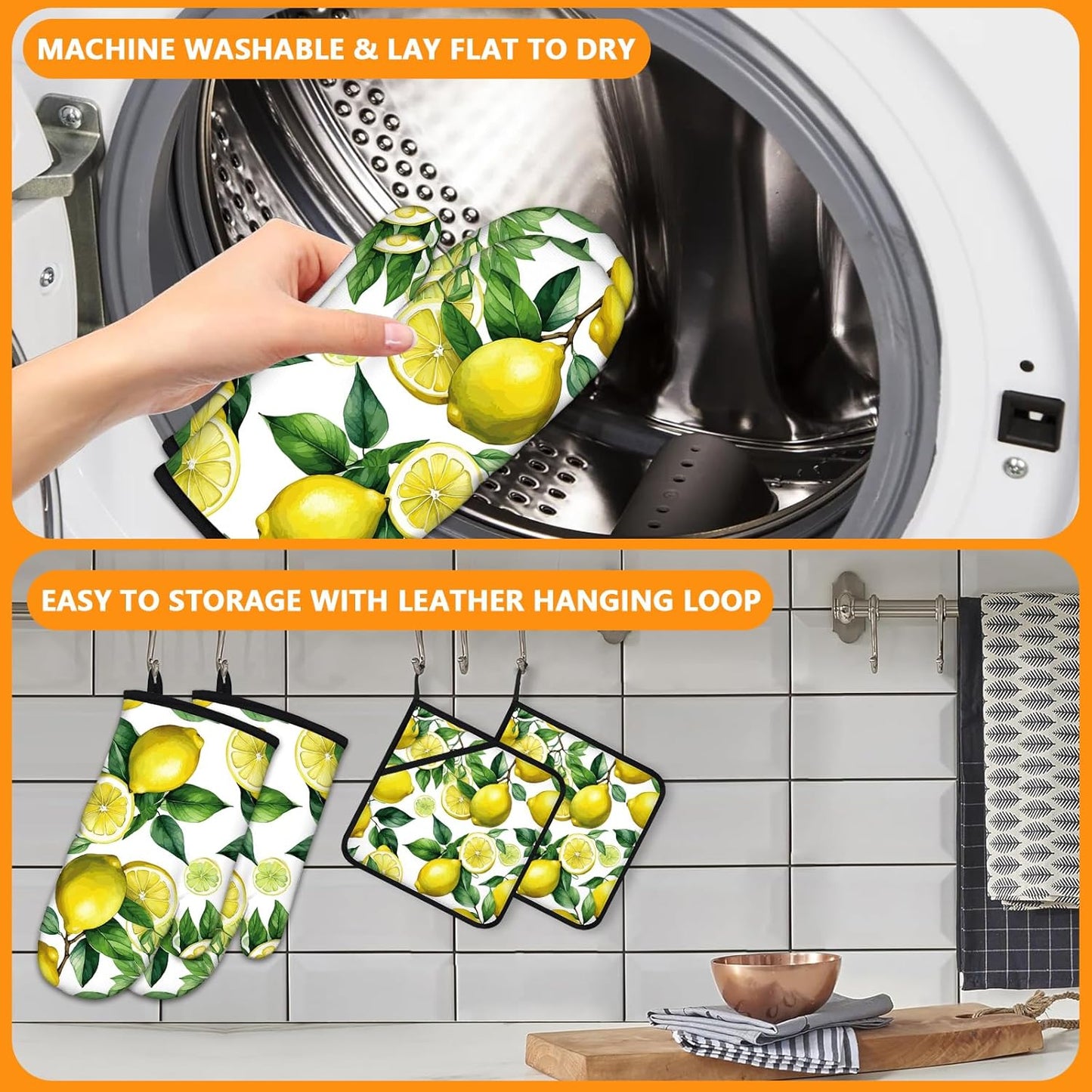 Lemon Fruits Oven Mitts and Pot Holders Sets 4Pcs,Heat Resistant to 400 F for Kitchen Cooking Baking BBQ 100% Cotton
