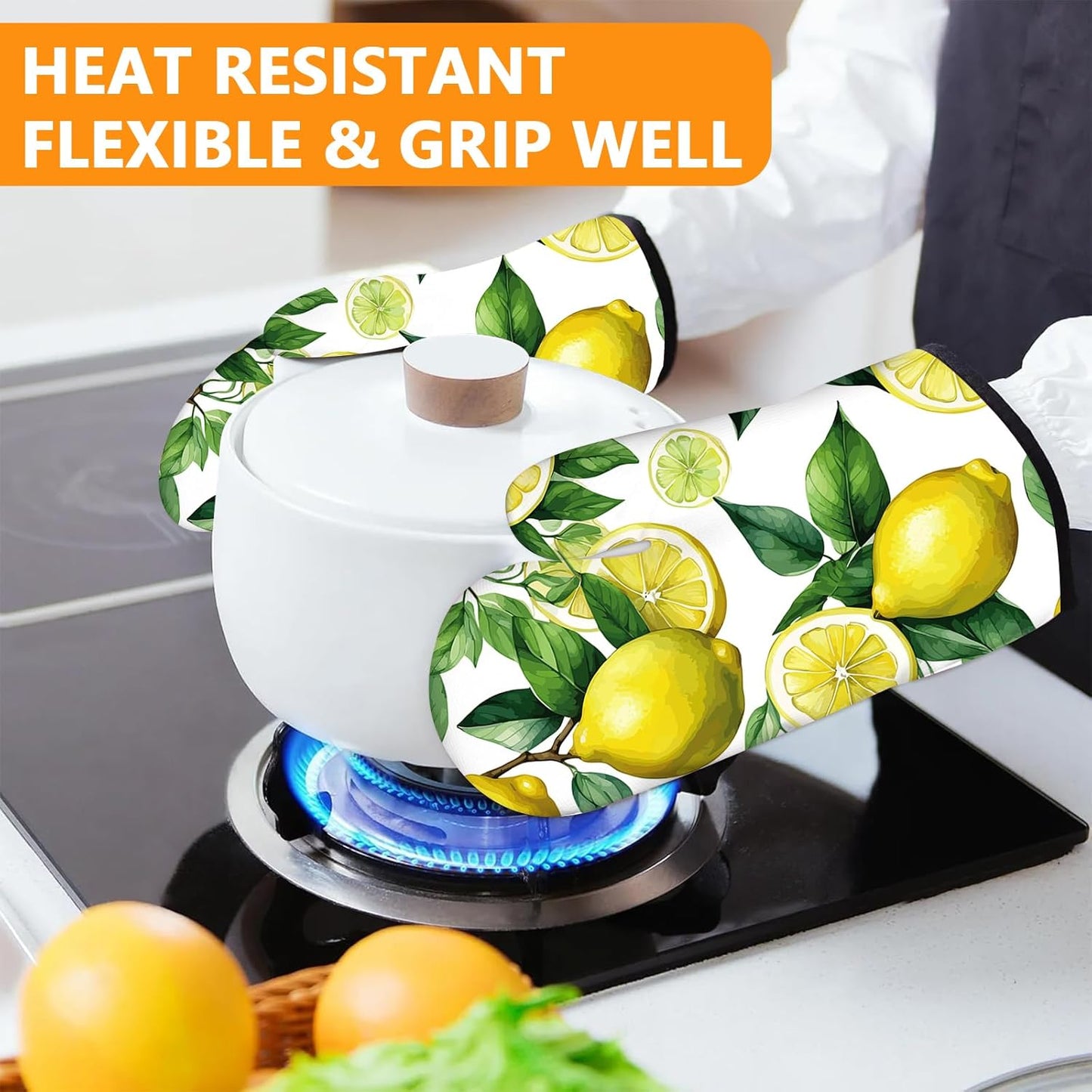 Lemon Fruits Oven Mitts and Pot Holders Sets 4Pcs,Heat Resistant to 400 F for Kitchen Cooking Baking BBQ 100% Cotton