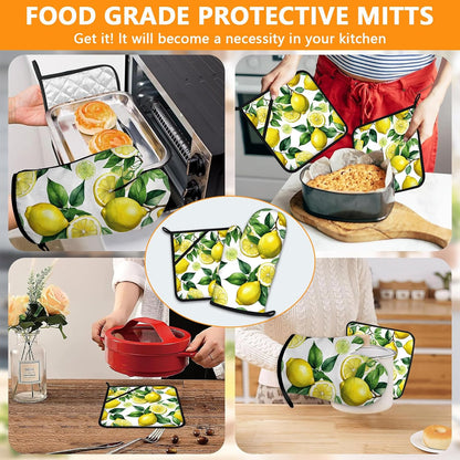 Lemon Fruits Oven Mitts and Pot Holders Sets 4Pcs,Heat Resistant to 400 F for Kitchen Cooking Baking BBQ 100% Cotton