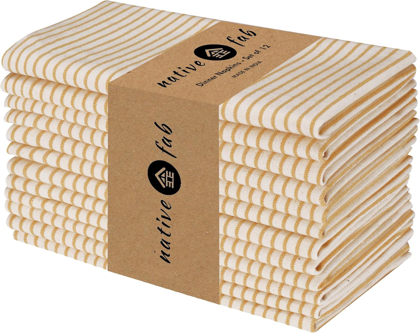 Cloth Napkins 18x18 inches, 100% Cotton Vintage Stripped Dinner Napkins, Set of 12, Soft Breathable Absorbent, Machine Washable Cloth Napkins, Yellow Beige