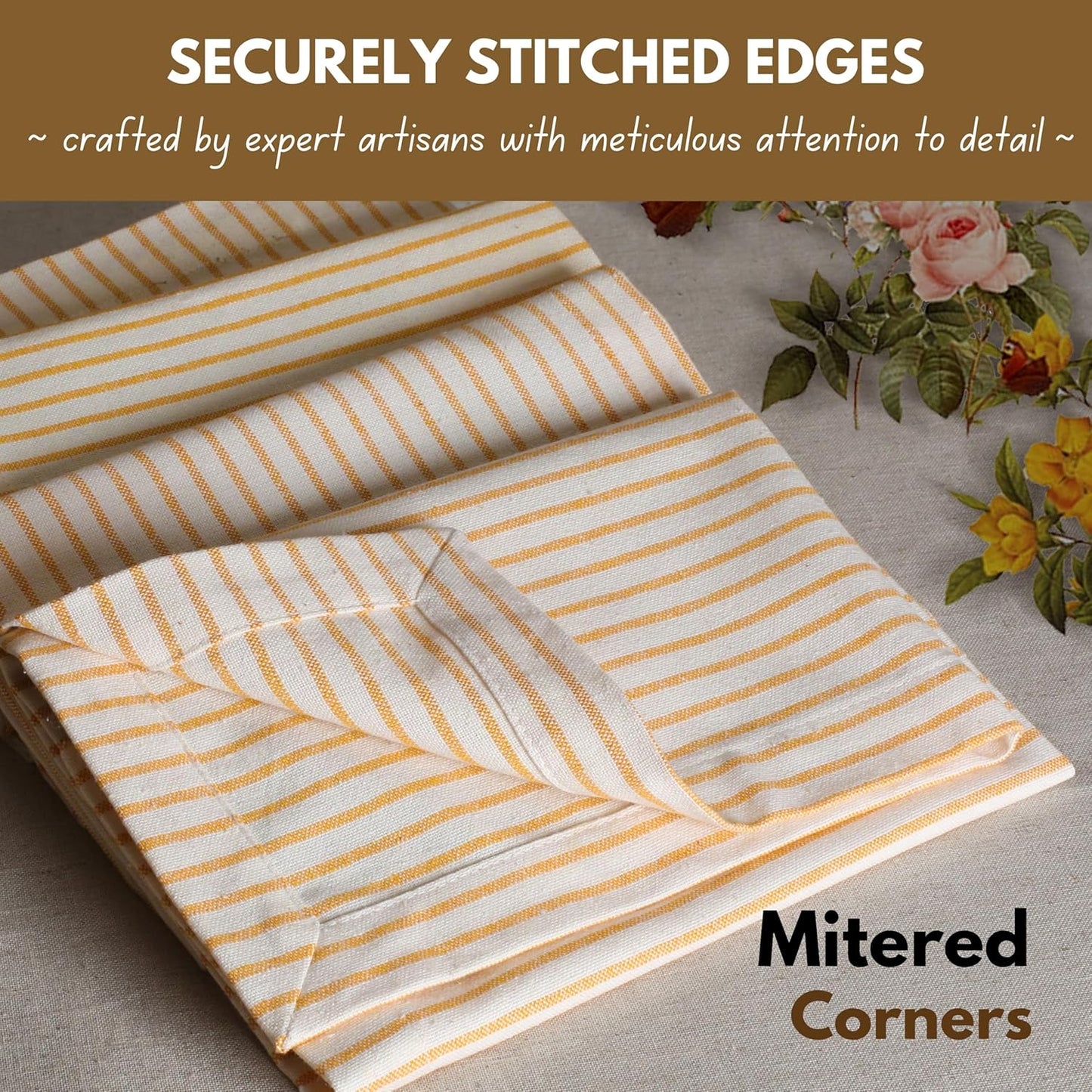Cloth Napkins 18x18 inches, 100% Cotton Vintage Stripped Dinner Napkins, Set of 12, Soft Breathable Absorbent, Machine Washable Cloth Napkins, Yellow Beige