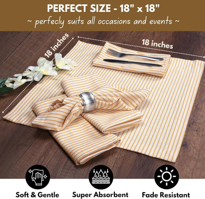 Cloth Napkins 18x18 inches, 100% Cotton Vintage Stripped Dinner Napkins, Set of 12, Soft Breathable Absorbent, Machine Washable Cloth Napkins, Yellow Beige