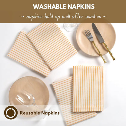 Cloth Napkins 18x18 inches, 100% Cotton Vintage Stripped Dinner Napkins, Set of 12, Soft Breathable Absorbent, Machine Washable Cloth Napkins, Yellow Beige