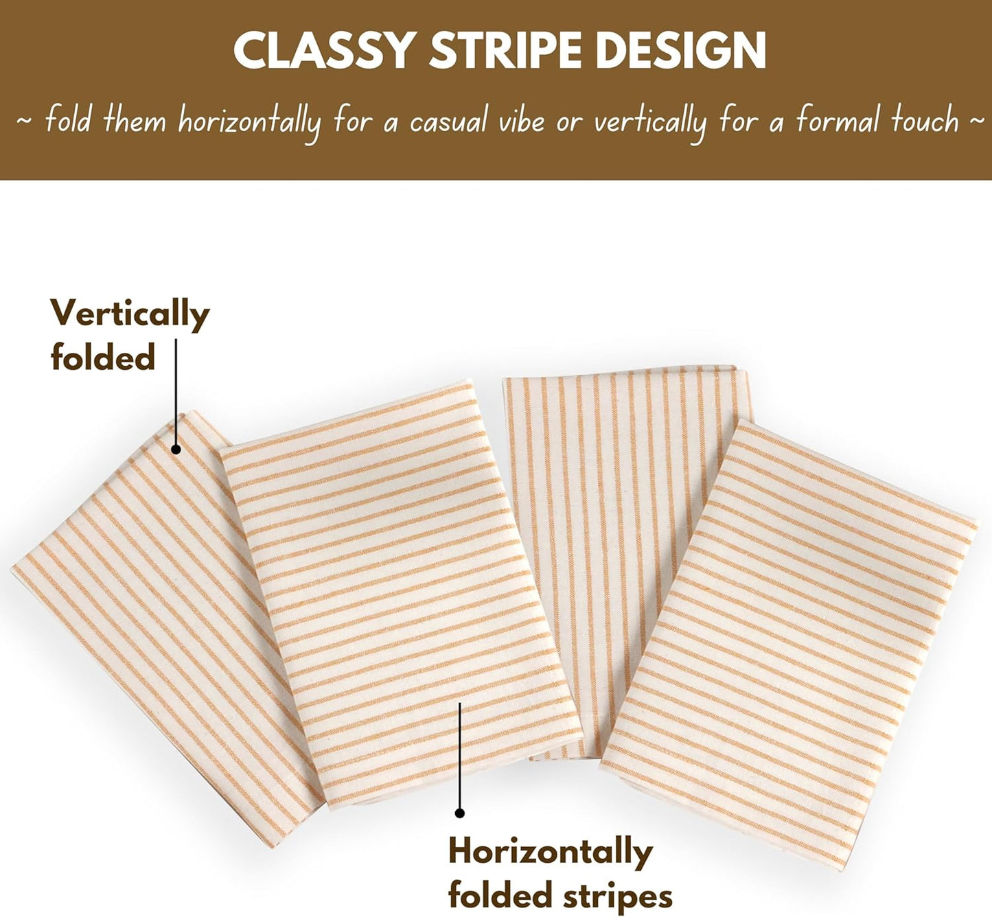 Cloth Napkins 18x18 inches, 100% Cotton Vintage Stripped Dinner Napkins, Set of 12, Soft Breathable Absorbent, Machine Washable Cloth Napkins, Yellow Beige
