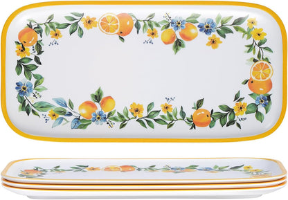 4 Pcs Long Melamine Serving Trays, 14 x 7 Inch Rectangular Lemon Floral Platters, Shatterproof & BPA-Free Summer, for Entertaining, Picnic, Outdoor Party, Ideal for Sushi, Appetizers, Dishwasher Safe