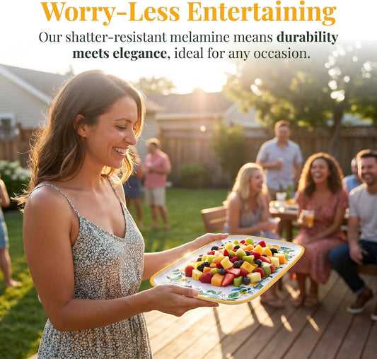 4 Pcs Long Melamine Serving Trays, 14 x 7 Inch Rectangular Lemon Floral Platters, Shatterproof & BPA-Free Summer, for Entertaining, Picnic, Outdoor Party, Ideal for Sushi, Appetizers, Dishwasher Safe