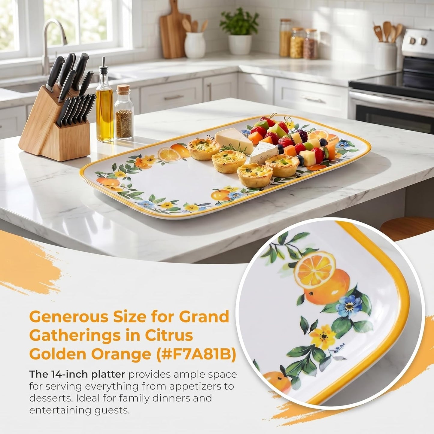 4 Pcs Long Melamine Serving Trays, 14 x 7 Inch Rectangular Lemon Floral Platters, Shatterproof & BPA-Free Summer, for Entertaining, Picnic, Outdoor Party, Ideal for Sushi, Appetizers, Dishwasher Safe