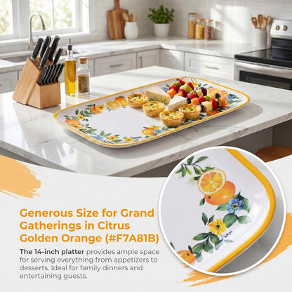 4 Pcs Long Melamine Serving Trays, 14 x 7 Inch Rectangular Lemon Floral Platters, Shatterproof & BPA-Free Summer, for Entertaining, Picnic, Outdoor Party, Ideal for Sushi, Appetizers, Dishwasher Safe