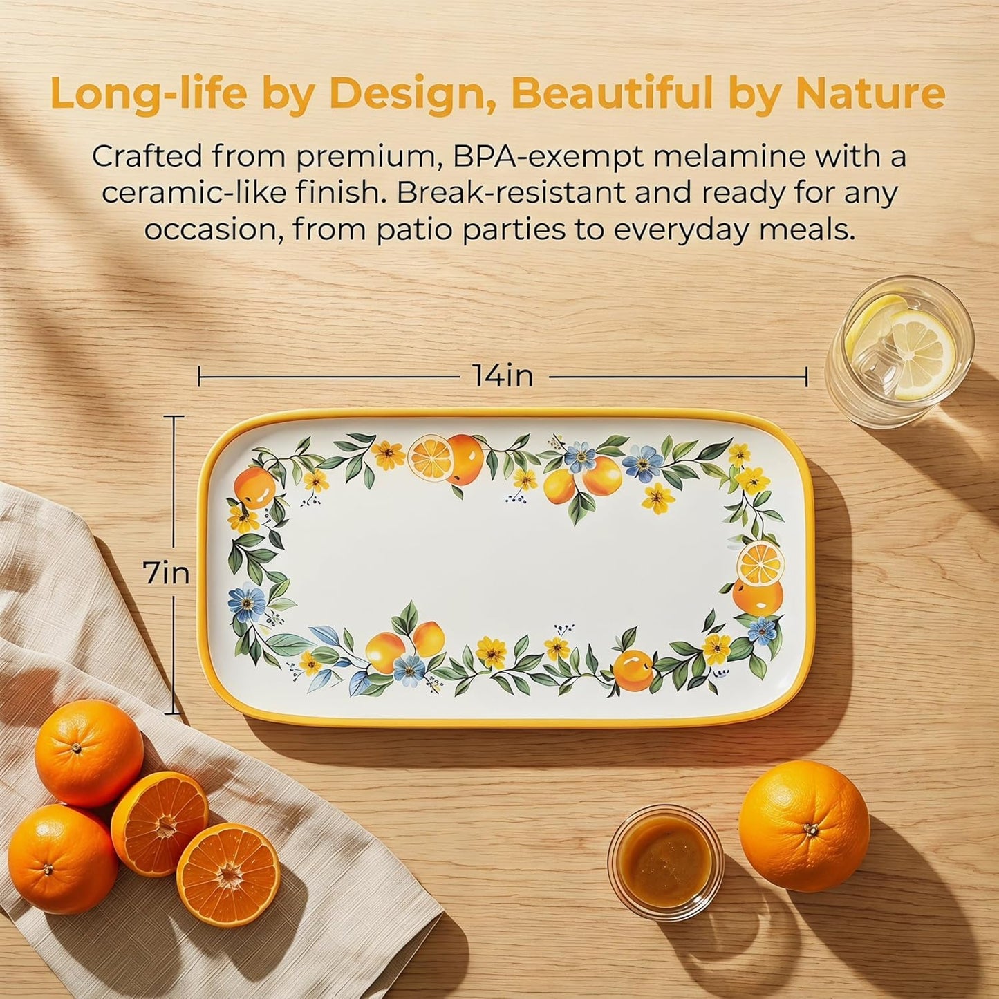 4 Pcs Long Melamine Serving Trays, 14 x 7 Inch Rectangular Lemon Floral Platters, Shatterproof & BPA-Free Summer, for Entertaining, Picnic, Outdoor Party, Ideal for Sushi, Appetizers, Dishwasher Safe