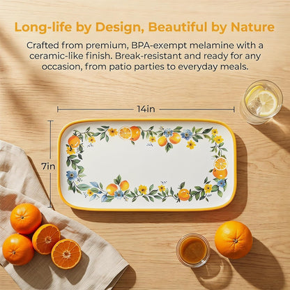 4 Pcs Long Melamine Serving Trays, 14 x 7 Inch Rectangular Lemon Floral Platters, Shatterproof & BPA-Free Summer, for Entertaining, Picnic, Outdoor Party, Ideal for Sushi, Appetizers, Dishwasher Safe