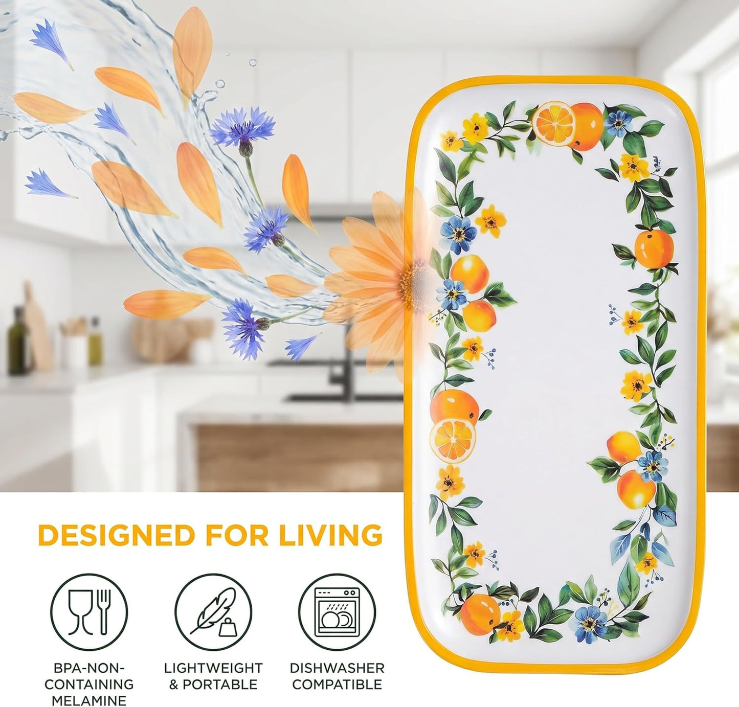 4 Pcs Long Melamine Serving Trays, 14 x 7 Inch Rectangular Lemon Floral Platters, Shatterproof & BPA-Free Summer, for Entertaining, Picnic, Outdoor Party, Ideal for Sushi, Appetizers, Dishwasher Safe