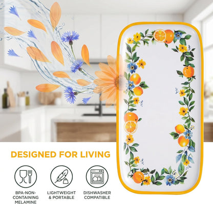 4 Pcs Long Melamine Serving Trays, 14 x 7 Inch Rectangular Lemon Floral Platters, Shatterproof & BPA-Free Summer, for Entertaining, Picnic, Outdoor Party, Ideal for Sushi, Appetizers, Dishwasher Safe