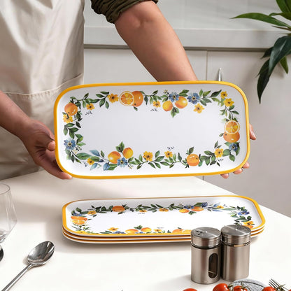 4 Pcs Long Melamine Serving Trays, 14 x 7 Inch Rectangular Lemon Floral Platters, Shatterproof & BPA-Free Summer, for Entertaining, Picnic, Outdoor Party, Ideal for Sushi, Appetizers, Dishwasher Safe