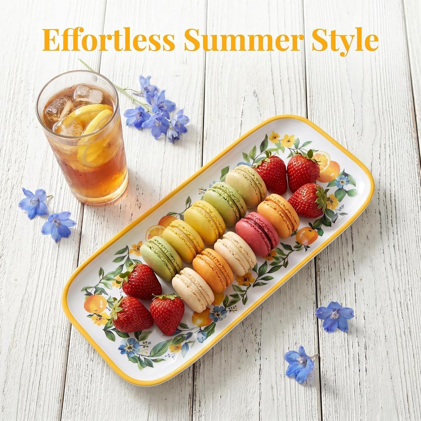 4 Pcs Long Melamine Serving Trays, 14 x 7 Inch Rectangular Lemon Floral Platters, Shatterproof & BPA-Free Summer, for Entertaining, Picnic, Outdoor Party, Ideal for Sushi, Appetizers, Dishwasher Safe