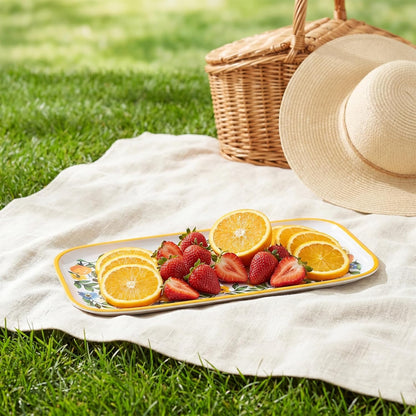 4 Pcs Long Melamine Serving Trays, 14 x 7 Inch Rectangular Lemon Floral Platters, Shatterproof & BPA-Free Summer, for Entertaining, Picnic, Outdoor Party, Ideal for Sushi, Appetizers, Dishwasher Safe