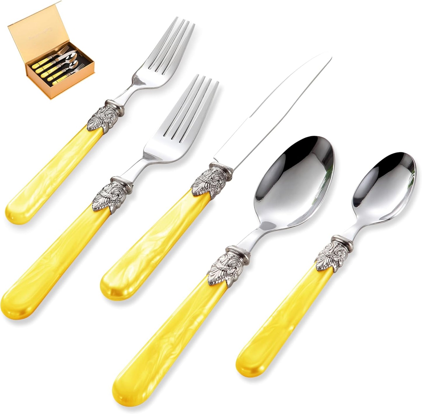 20 pieces Stainless Steel Flatware Sets With White Hanld,Dishware Safe (20, Yellow)