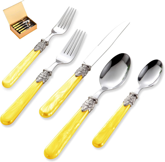 20 pieces Stainless Steel Flatware Sets With White Hanld,Dishware Safe (20, Yellow)