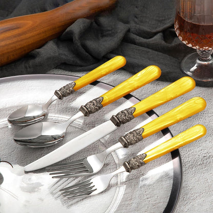 20 pieces Stainless Steel Flatware Sets With White Hanld,Dishware Safe (20, Yellow)