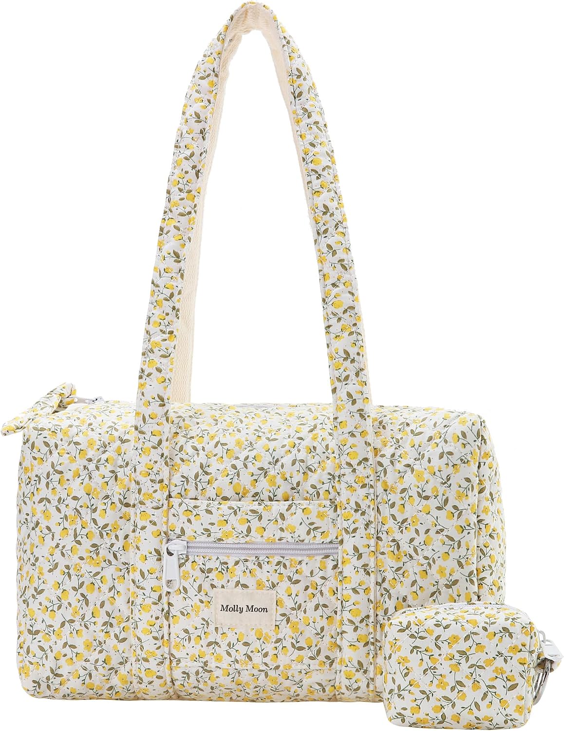 Top Zipper Floral Quilted Duffle Bag for Women, Yellow Quilted Small Floral Tote Bags with Coin Purse, Cute Cotton Shoulder Bag for Travel, Work, School