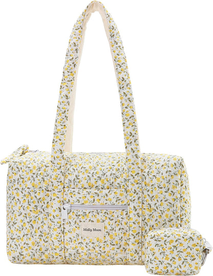 Top Zipper Floral Quilted Duffle Bag for Women, Yellow Quilted Small Floral Tote Bags with Coin Purse, Cute Cotton Shoulder Bag for Travel, Work, School