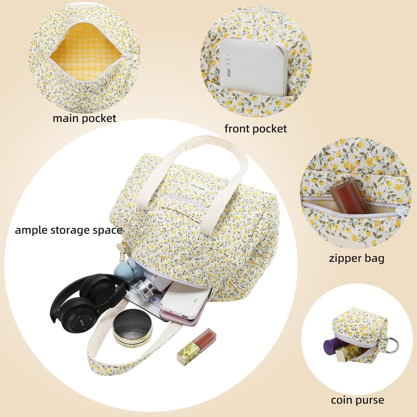 Top Zipper Floral Quilted Duffle Bag for Women, Yellow Quilted Small Floral Tote Bags with Coin Purse, Cute Cotton Shoulder Bag for Travel, Work, School