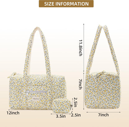 Top Zipper Floral Quilted Duffle Bag for Women, Yellow Quilted Small Floral Tote Bags with Coin Purse, Cute Cotton Shoulder Bag for Travel, Work, School