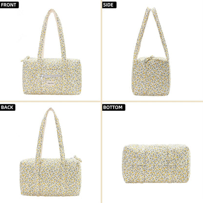 Top Zipper Floral Quilted Duffle Bag for Women, Yellow Quilted Small Floral Tote Bags with Coin Purse, Cute Cotton Shoulder Bag for Travel, Work, School