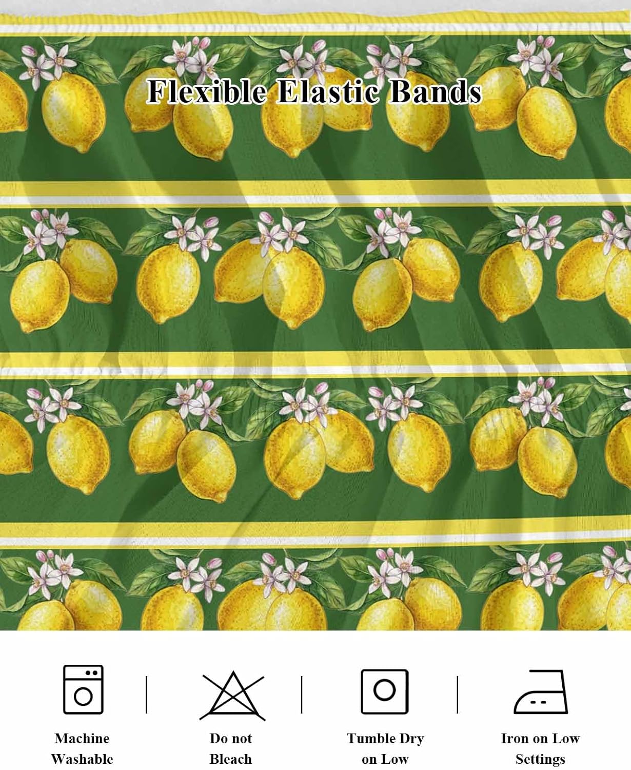 Summer Lemons Bed Skirt Queen Size 16" Drop Yellow Fruit Leaf Striped Green Background Ruffled Wrap Around Bed Skirts Adjustable Elastic Bedskirt Dust Ruffle for Queen King California King Bed