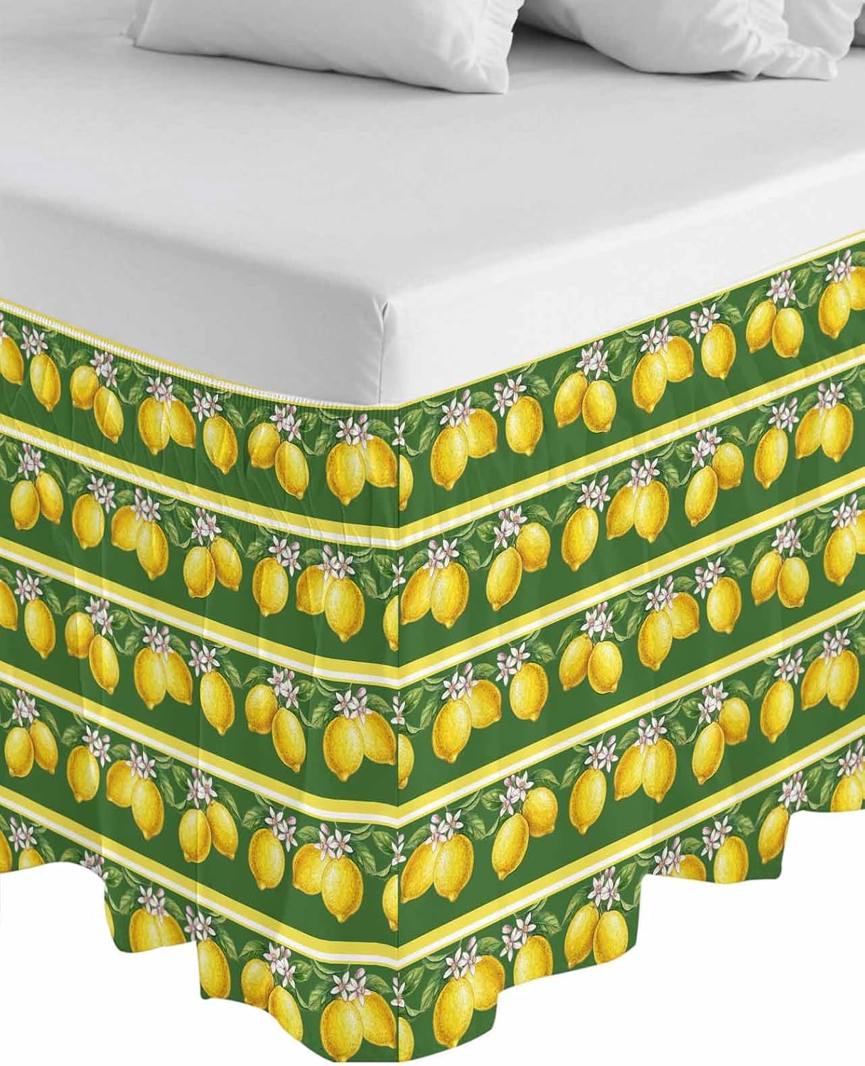 Summer Lemons Bed Skirt Queen Size 16" Drop Yellow Fruit Leaf Striped Green Background Ruffled Wrap Around Bed Skirts Adjustable Elastic Bedskirt Dust Ruffle for Queen King California King Bed