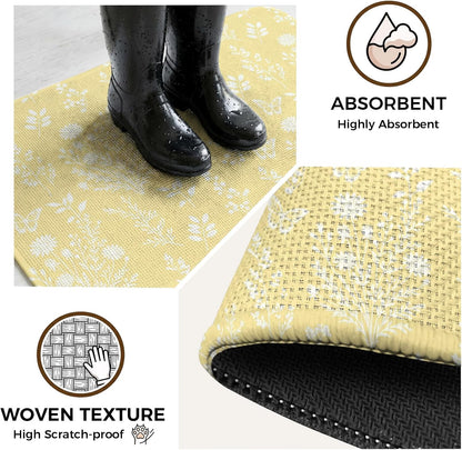 Indoor Door Mat 15.7x23.6 Inch, Light Yellow Botanical Non Slip Rugs Washable Low Pile, Spring Summer Chic Wildflowers Front Door Mat Entryway Rug with Rubber Backing