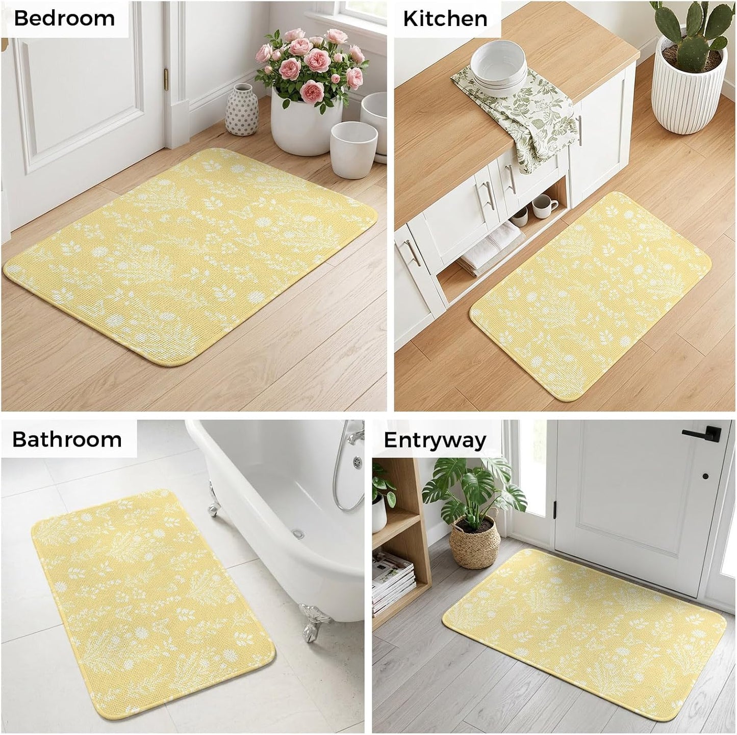 Indoor Door Mat 15.7x23.6 Inch, Light Yellow Botanical Non Slip Rugs Washable Low Pile, Spring Summer Chic Wildflowers Front Door Mat Entryway Rug with Rubber Backing