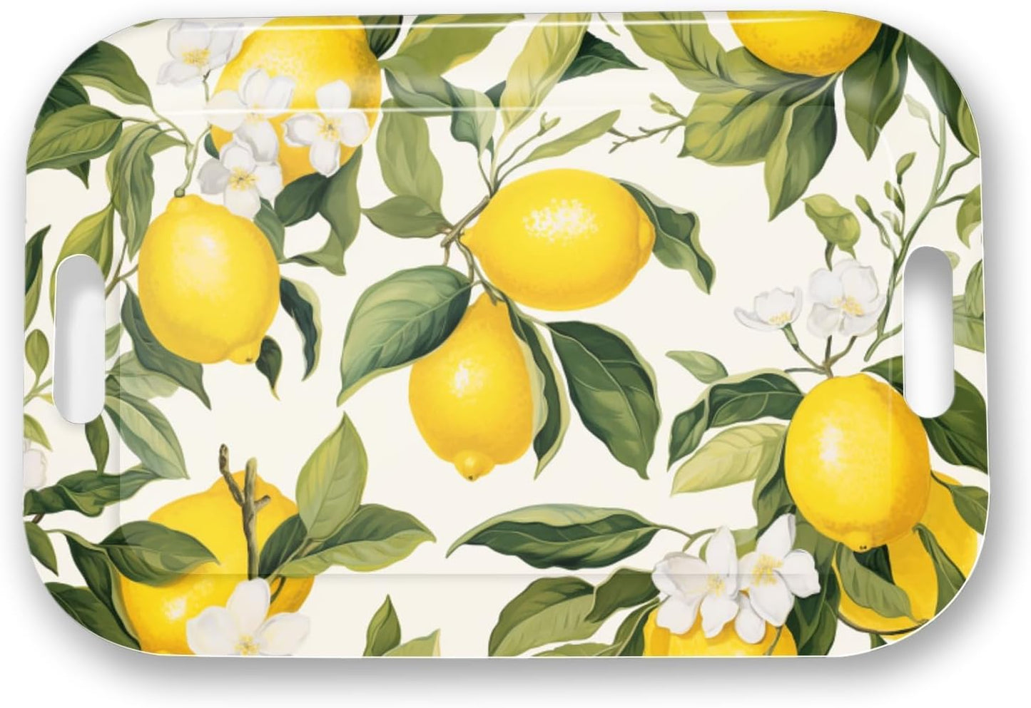 Serving Trays with Handles, 14.5 x 9.8 inch Rectangular Plastic Tray for Restaurant, Kitchen, Lemon and Leaves
