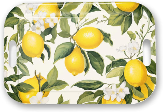 Serving Trays with Handles, 14.5 x 9.8 inch Rectangular Plastic Tray for Restaurant, Kitchen, Lemon and Leaves