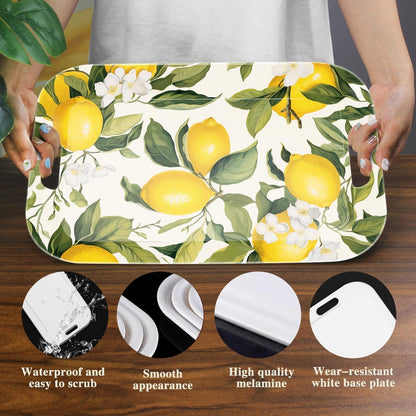 Serving Trays with Handles, 14.5 x 9.8 inch Rectangular Plastic Tray for Restaurant, Kitchen, Lemon and Leaves