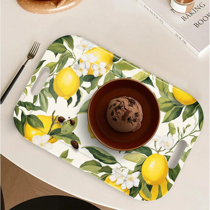 Serving Trays with Handles, 14.5 x 9.8 inch Rectangular Plastic Tray for Restaurant, Kitchen, Lemon and Leaves