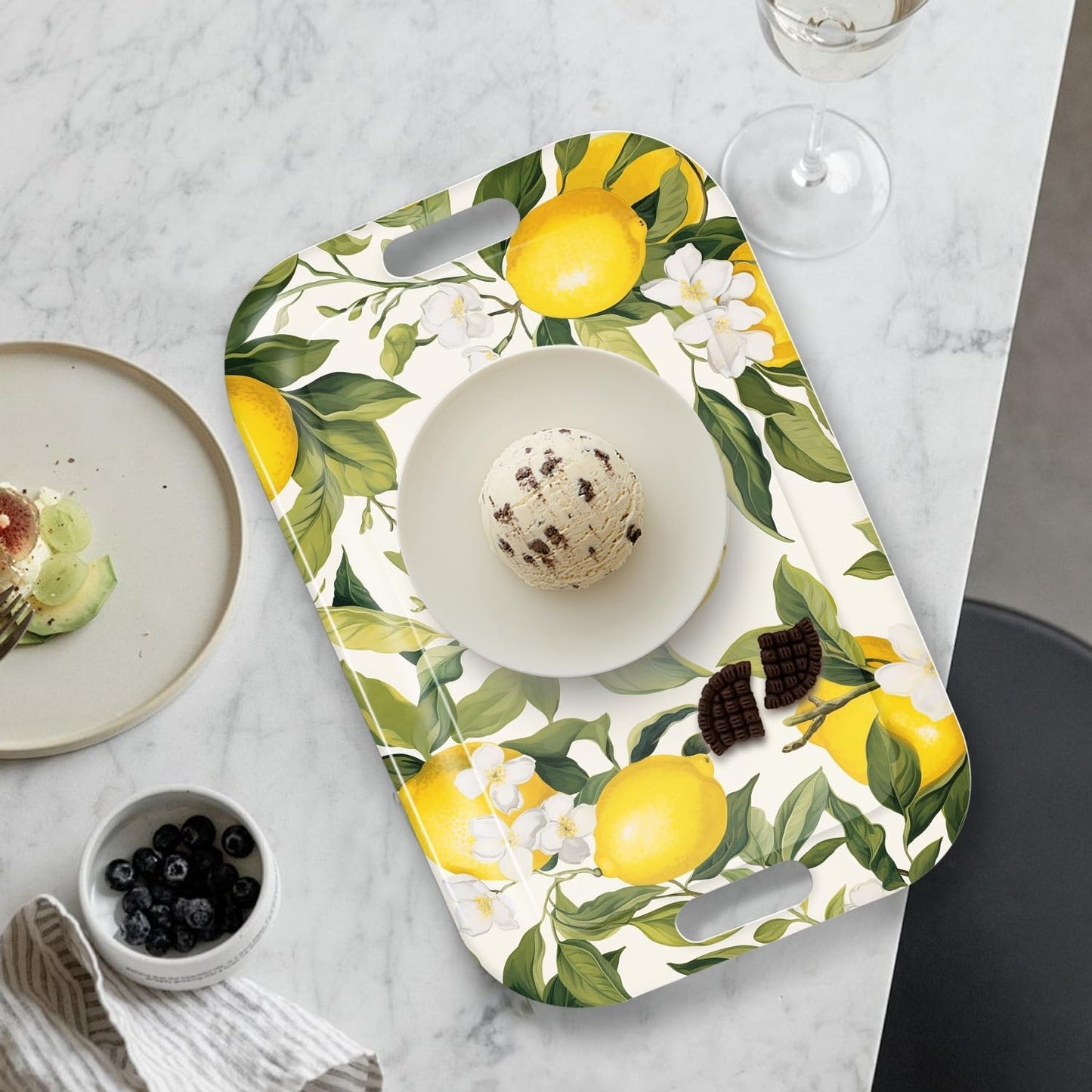 Serving Trays with Handles, 14.5 x 9.8 inch Rectangular Plastic Tray for Restaurant, Kitchen, Lemon and Leaves