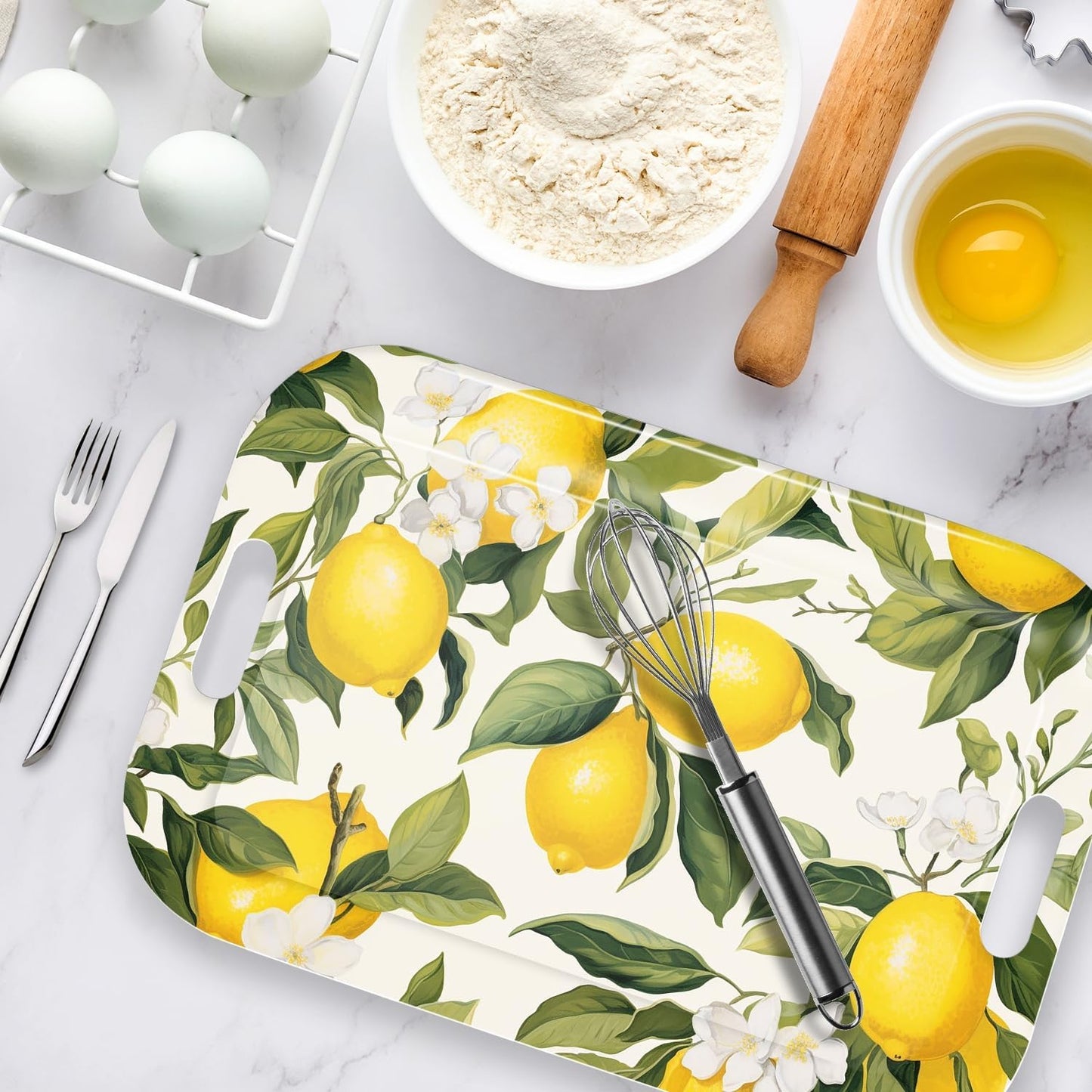 Serving Trays with Handles, 14.5 x 9.8 inch Rectangular Plastic Tray for Restaurant, Kitchen, Lemon and Leaves